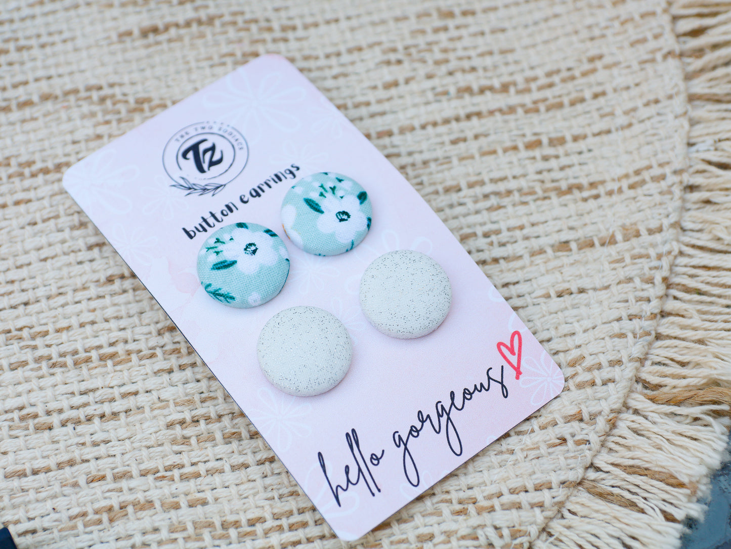 Fabric Covered Button Earrings-Mint