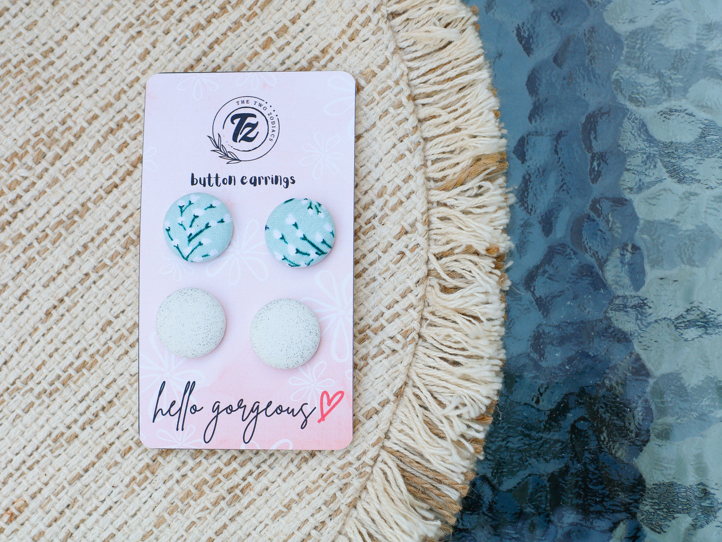 Fabric Covered Button Earrings-Mint