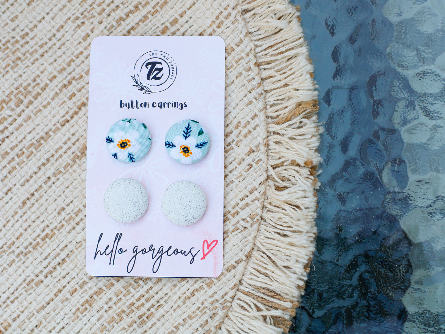 Fabric Covered Button Earrings-Mint