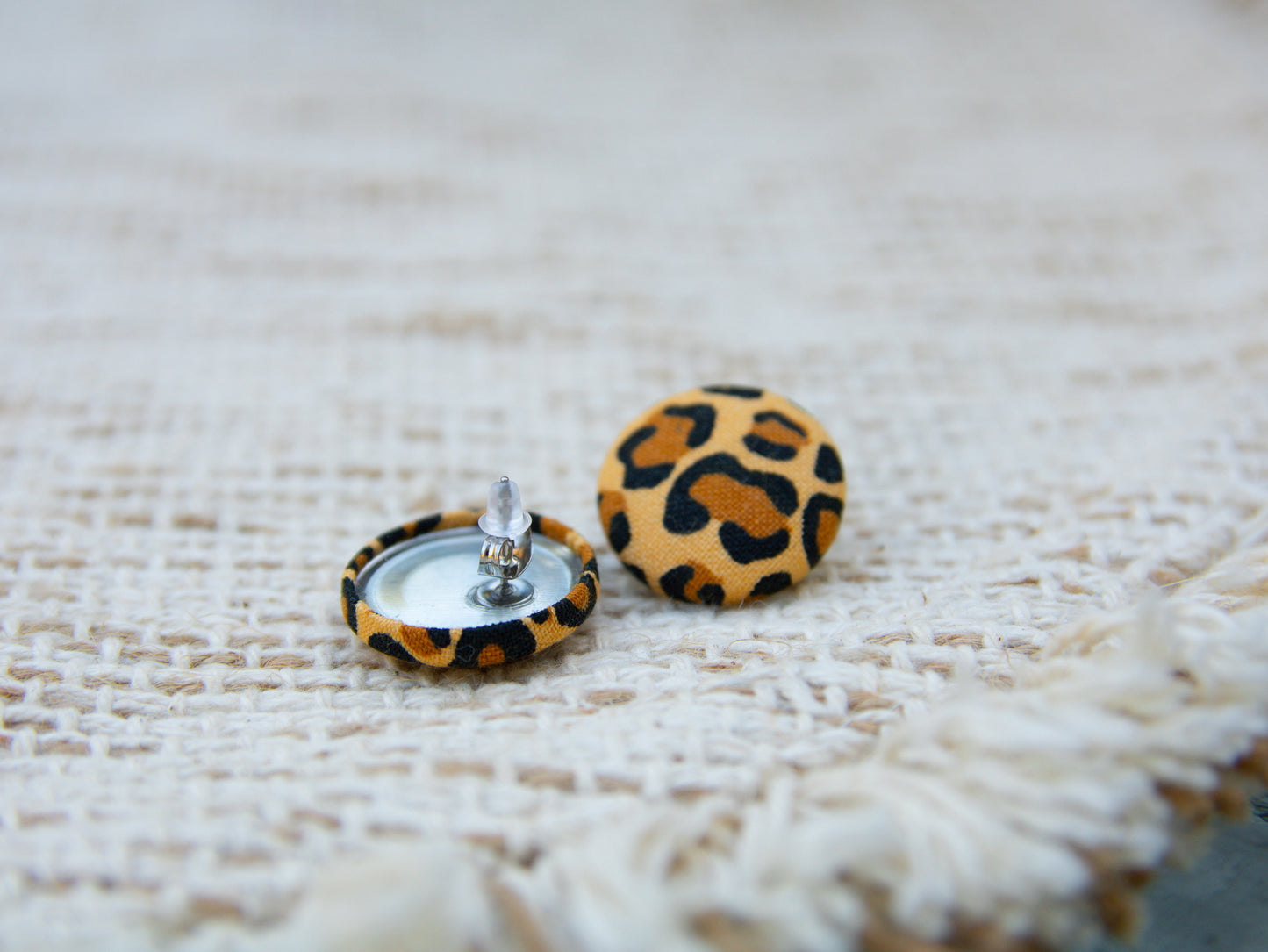 Fabric Covered Button Earrings- Animal Print